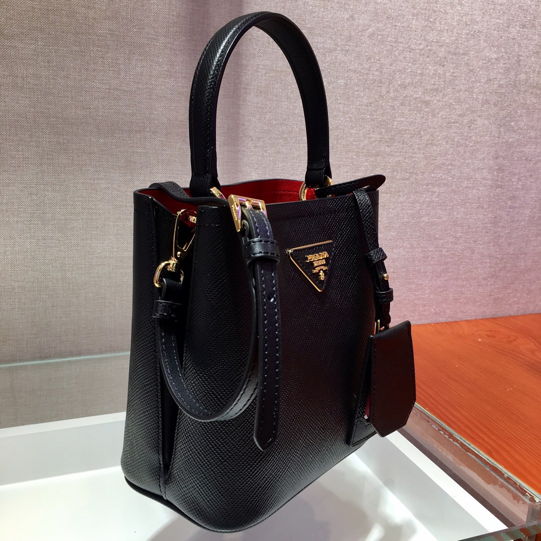 Prada Small Saffiano Leather Panier Bag Black/Red 1BA217